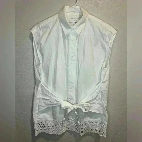 SANDRO Eyelet Trim Tie Front Cotton White Blouse In‎ Ecru - Picture 2 of 12